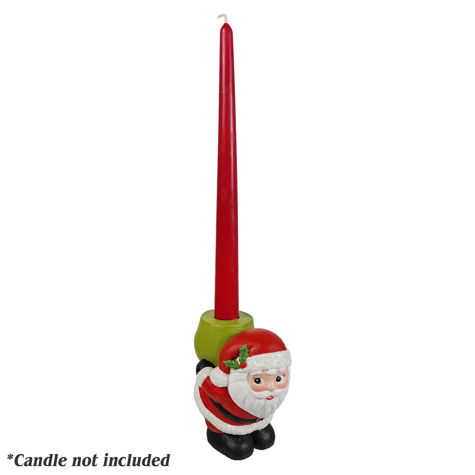 Retro santa candle holder featuring a red taper candle in a green and white bethany lowe design santa taper candle holder