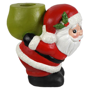 Retro santa candle holder by bethany lowe design red and white santa taper candle holder with glittery trim and green sack