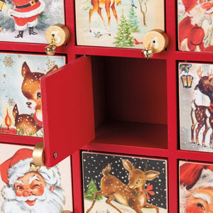 Red wooden retro santa claus countdown box with vintage reindeer and santa doors for merry christmas countdown and decorations