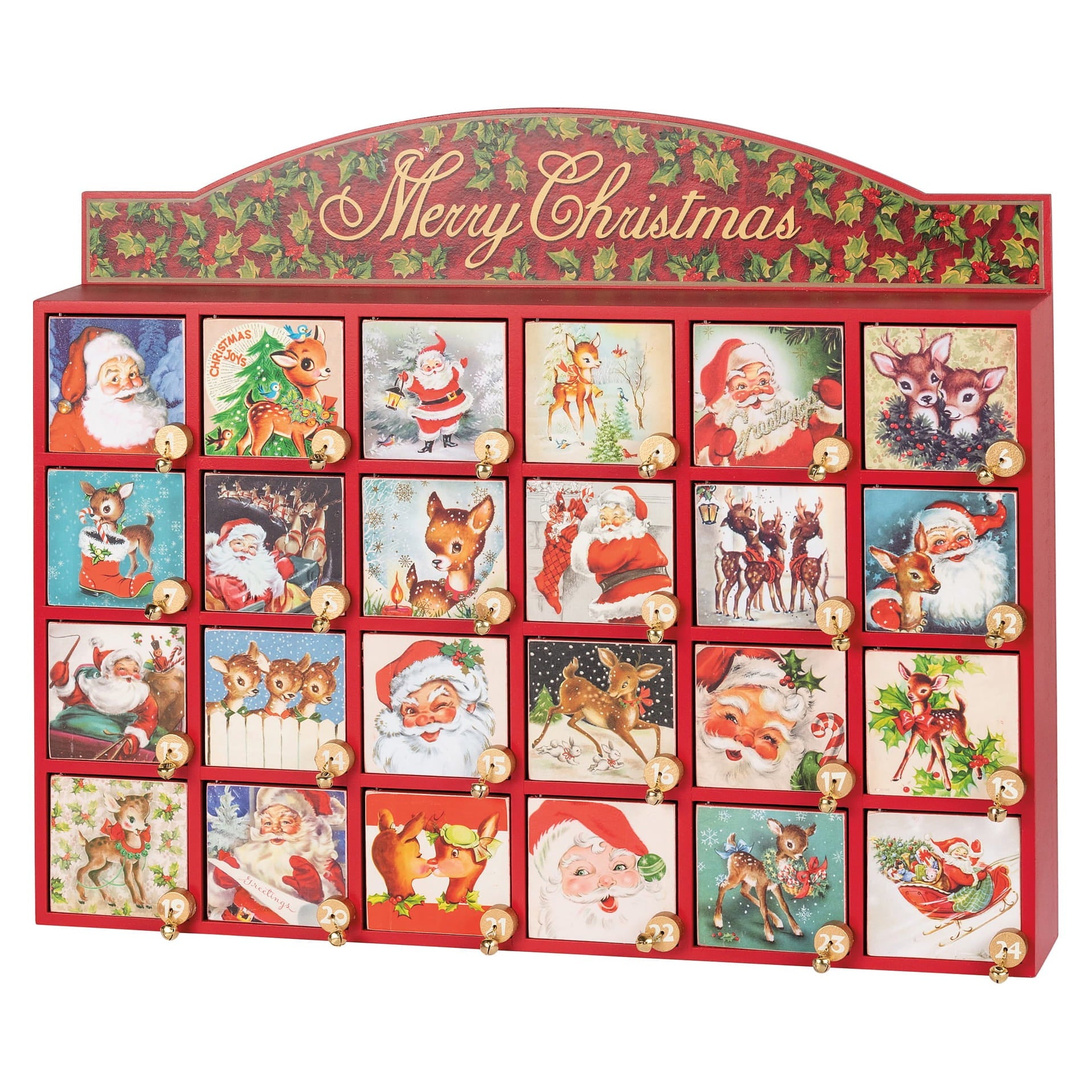 Red wooden retro santa claus countdown box with vintage santa and deer illustrations and gold bells for merry christmas countdown and christmas decorations ornaments