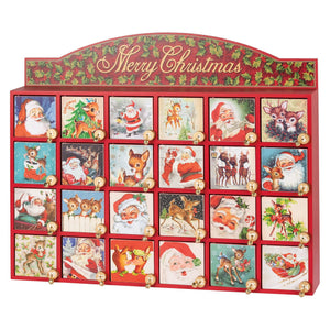 Red wooden retro santa claus countdown box with vintage santa and deer illustrations and gold bells for merry christmas countdown and christmas decorations ornaments