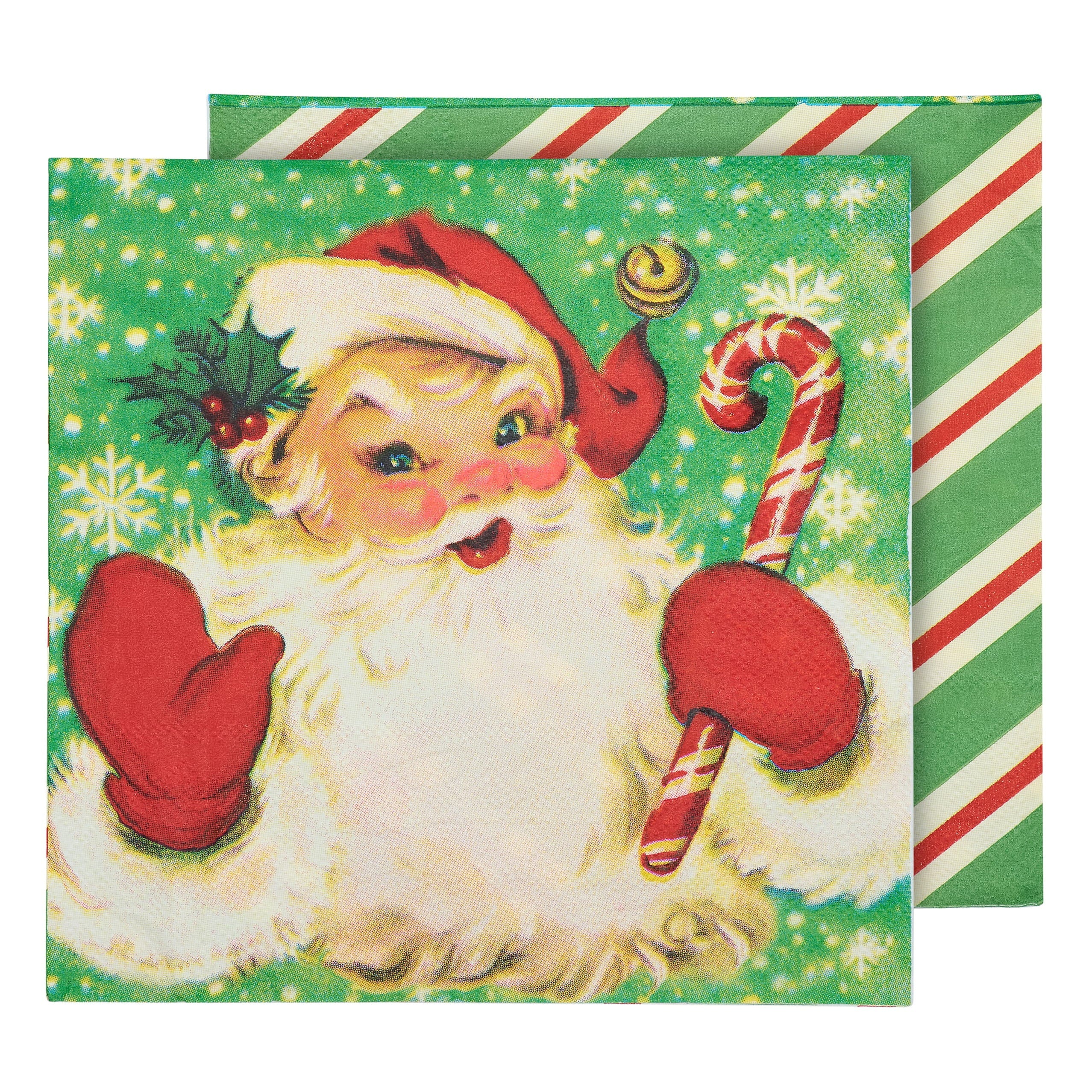 A festive green and red retro santa dinner napkin featuring a cheerful vintage santa holding a candy cane