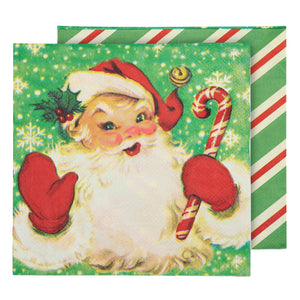 A festive green and red retro santa dinner napkin featuring a cheerful vintage santa holding a candy cane