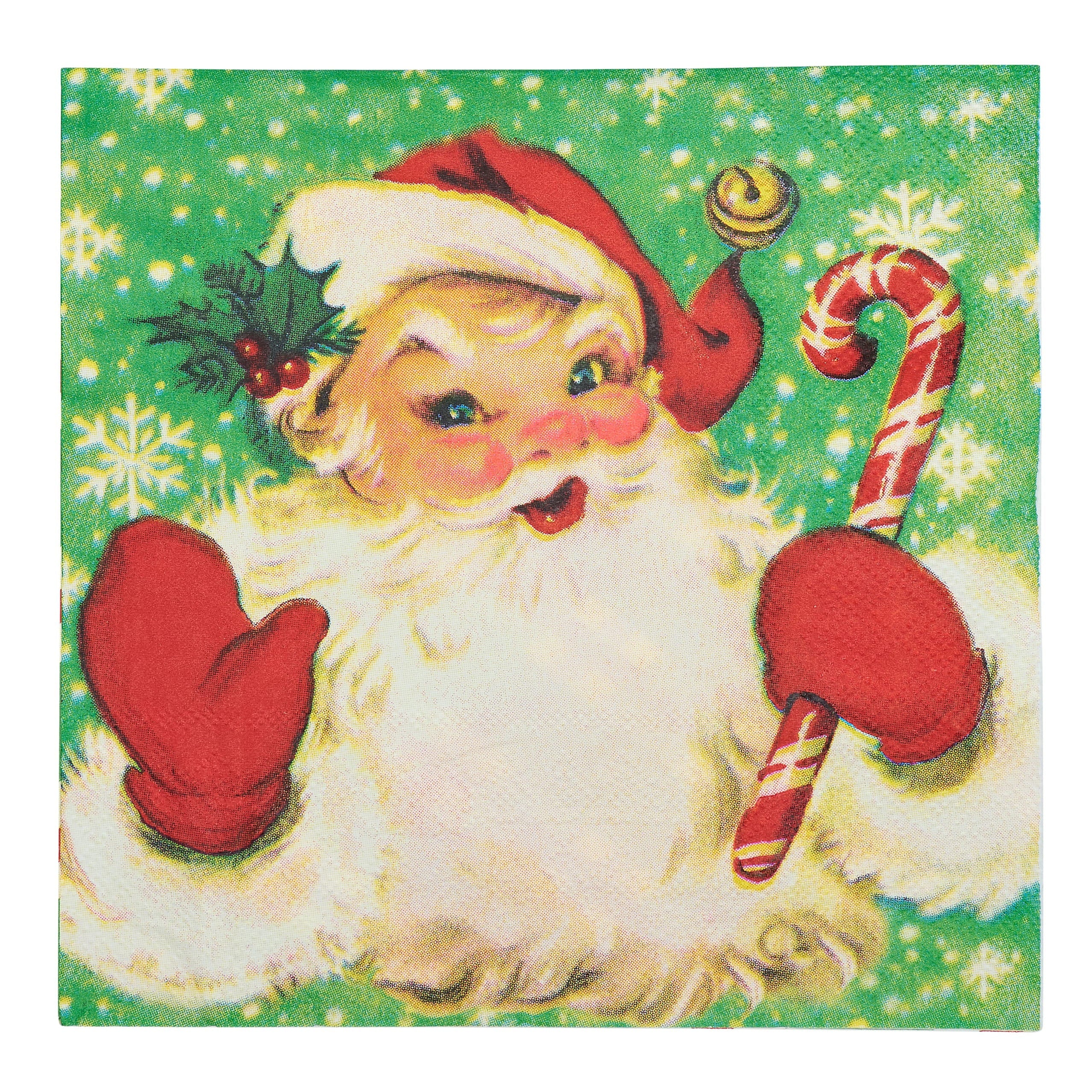 A festive green retro santa dinner napkin with a vintage santa wearing red mittens and holding a candy cane