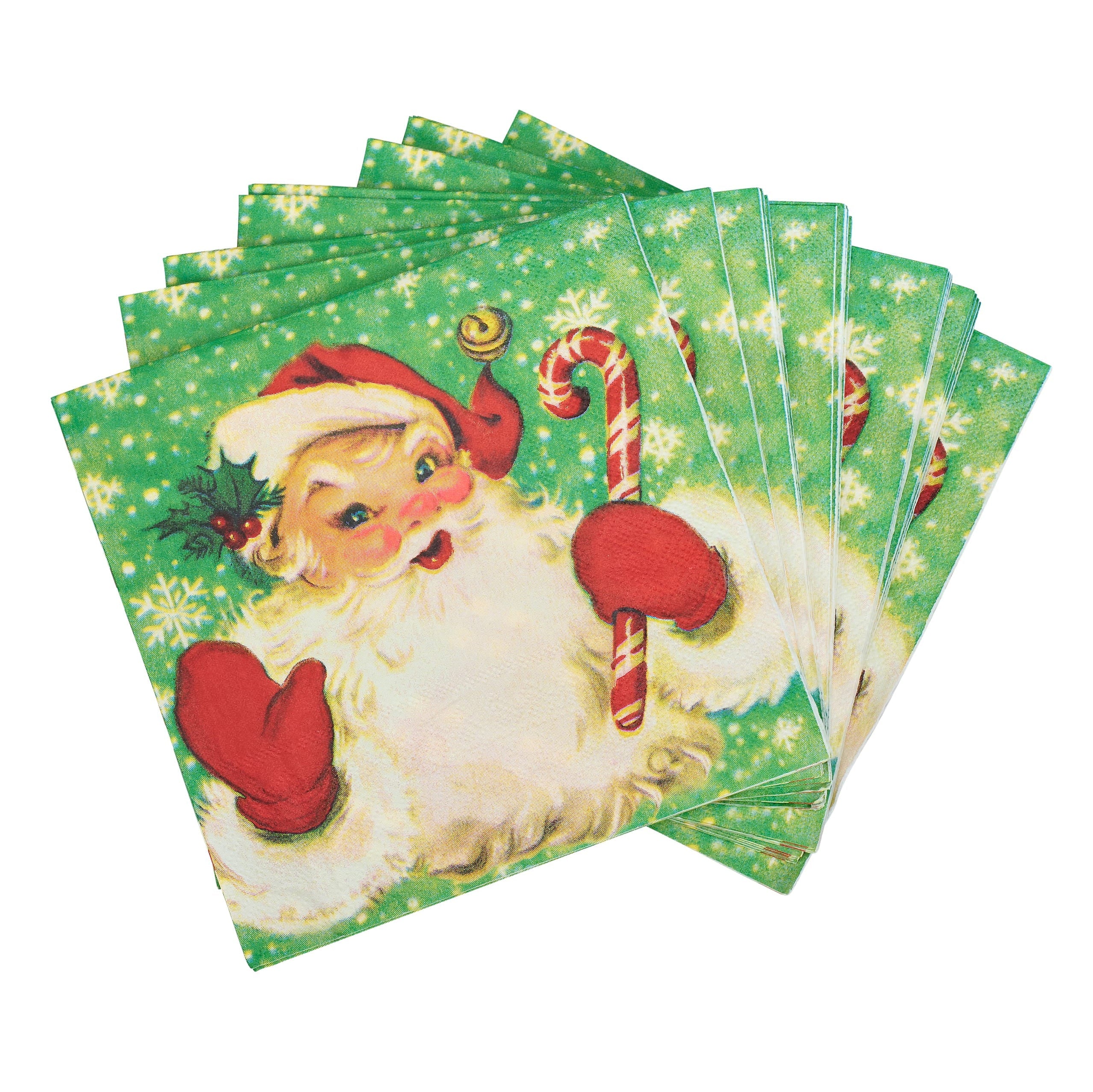 Green holiday-themed paper napkins with a vintage santa holding a candy cane perfect for retro santa dinner use