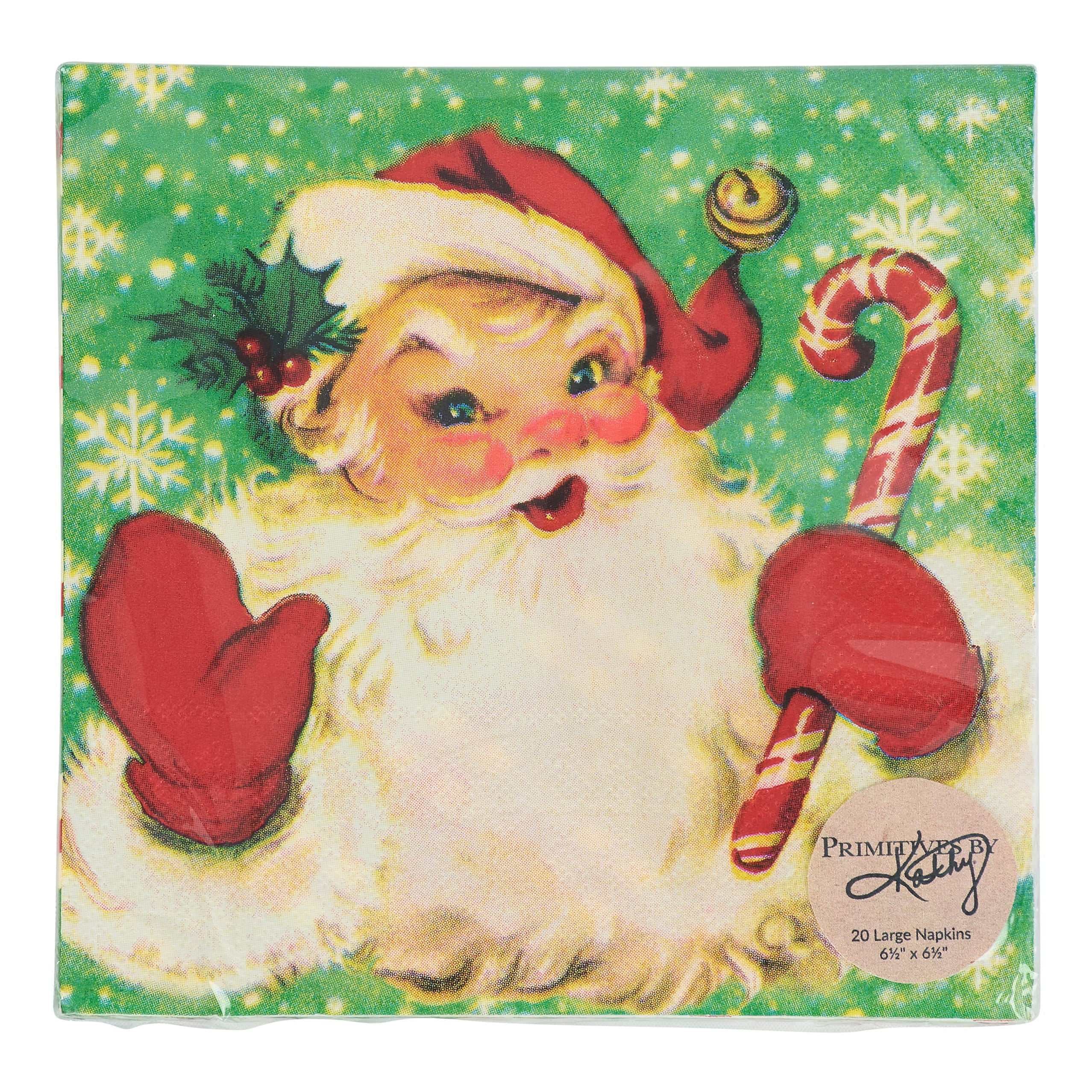 Vintage-style retro santa dinner napkins with cheerful illustrated santa face and green snowy background