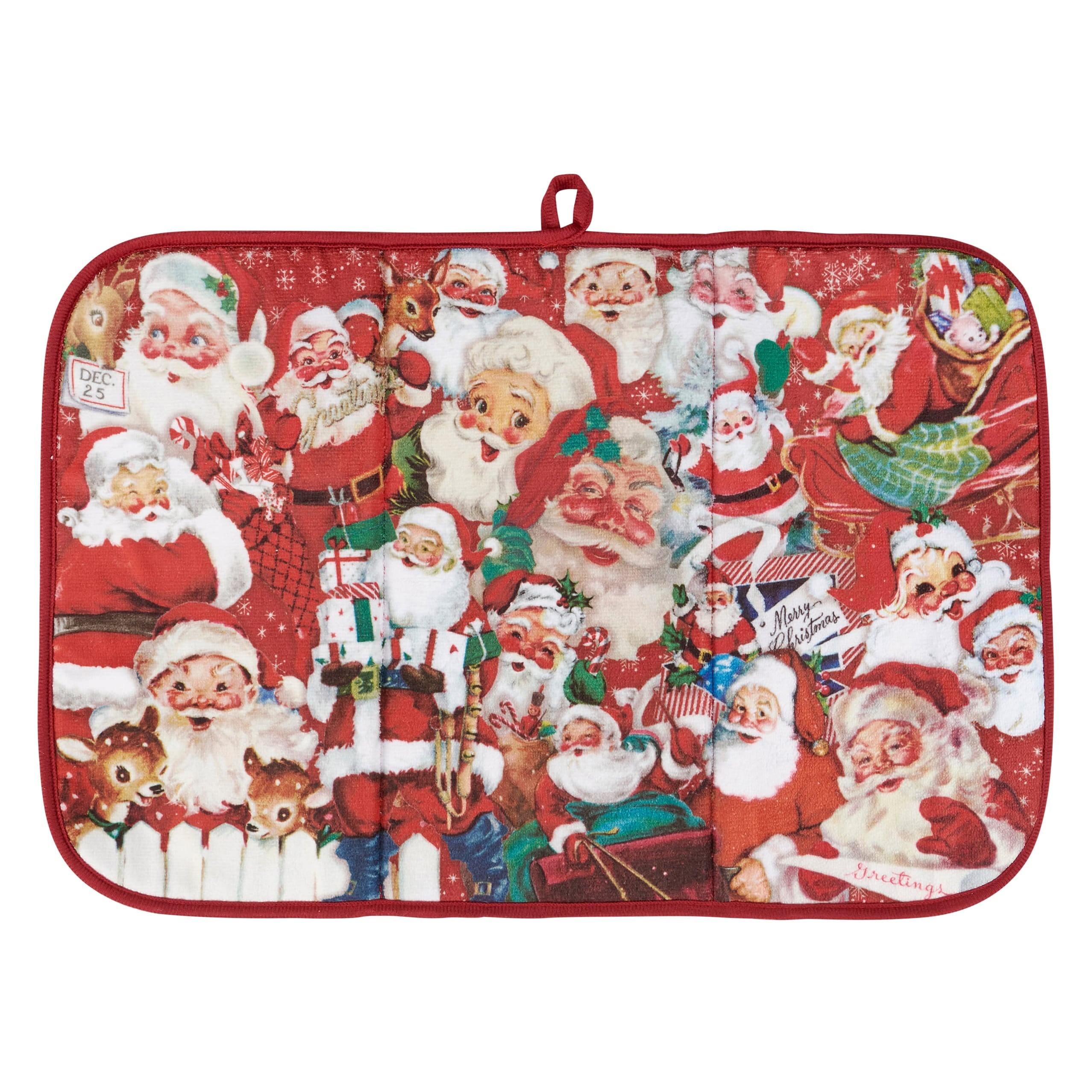 Red quilted christmas towel featuring vintage santa claus collage perfect for holiday towels and drying mat use
