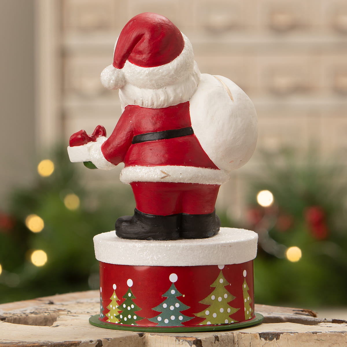Retro santa bethany lowe design santa figure in red and white carrying sack and gift perfect folk art santas decor