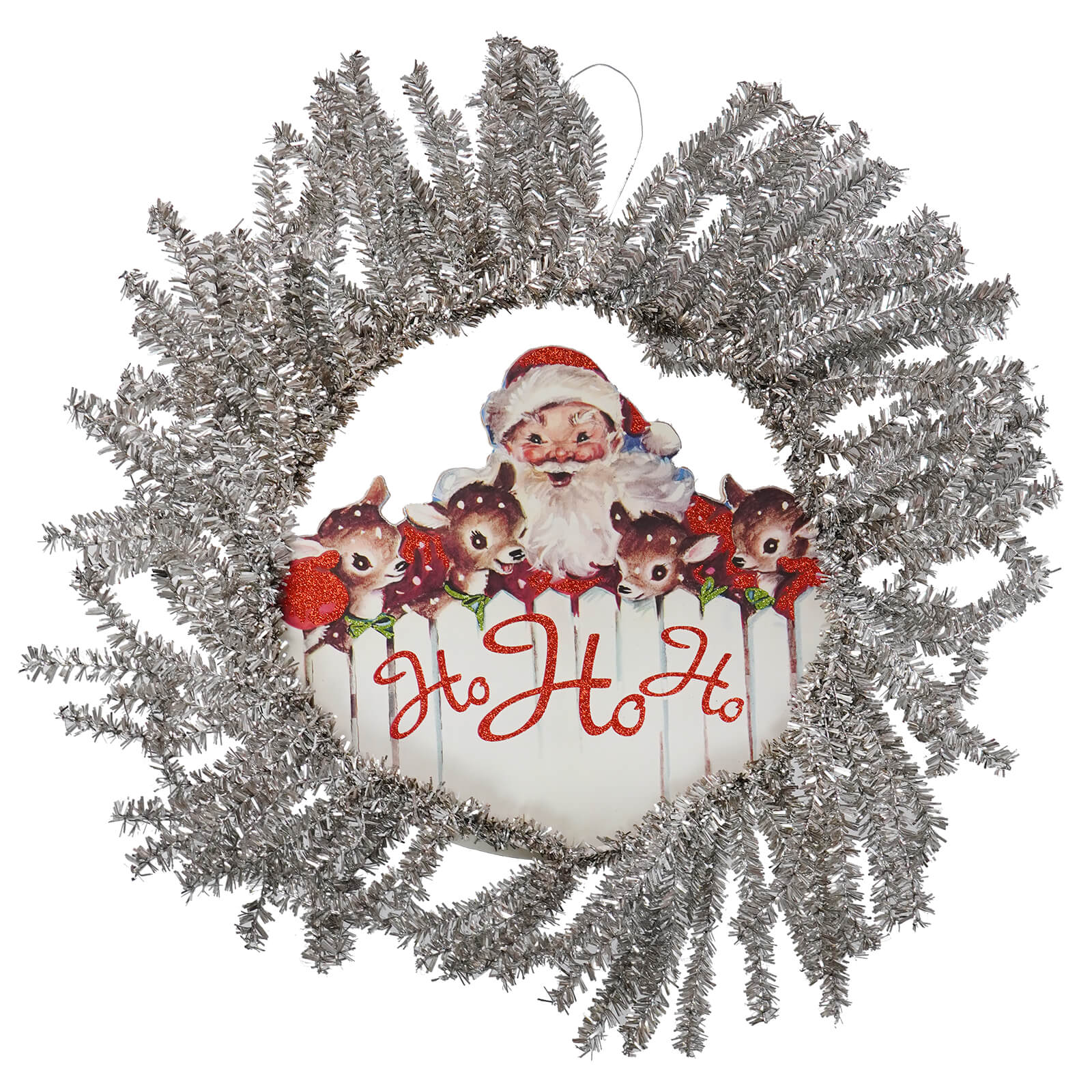 Silver tinsel wreath with a central ornament featuring Santa Claus, reindeer, and ’Ho Ho Ho’ text.