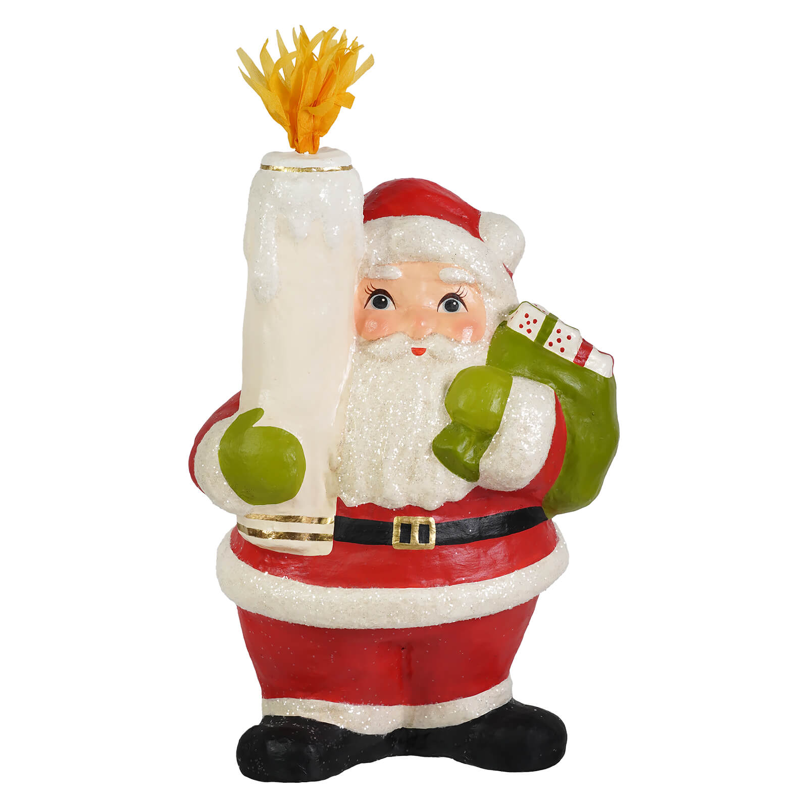 Glittery red and white retro santa figurine holding a tall candle with orange flame by bethany lowe design