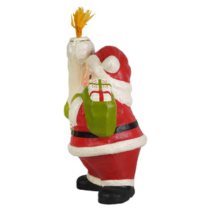 Retro santa figurine by bethany lowe design in red and white glitter holding green gift sack with yellow candle flame