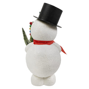 Retro silly surprise snowman white glittery figurine by bethany lowe designs holding colorful tree from snowy slopes frosty