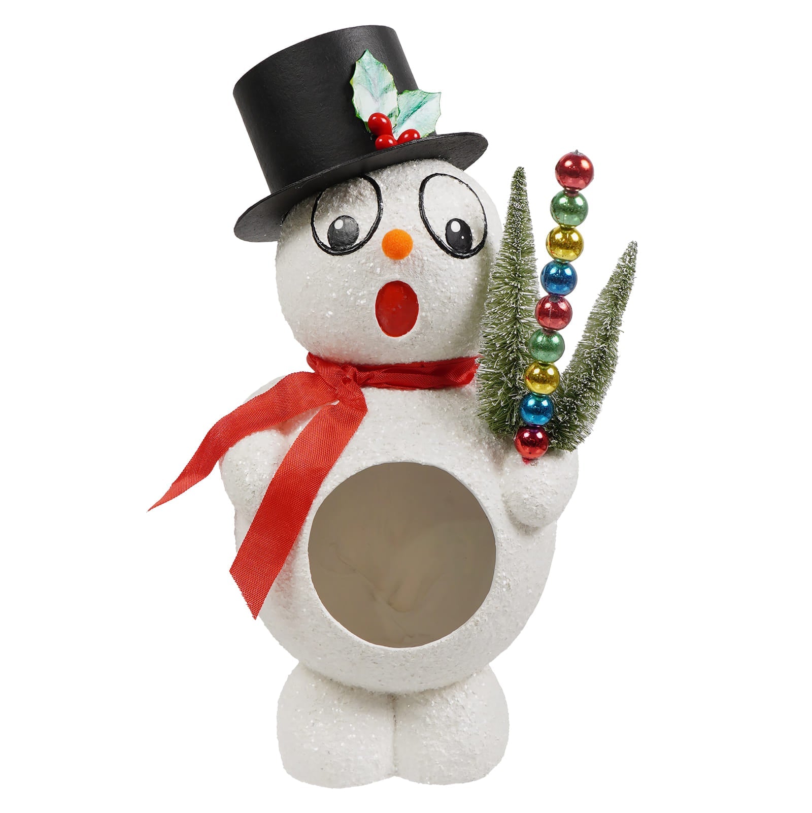 Retro silly surprise snowman by bethany lowe designs is a white glittery snowy slopes frosty figurine with black top hat and garland