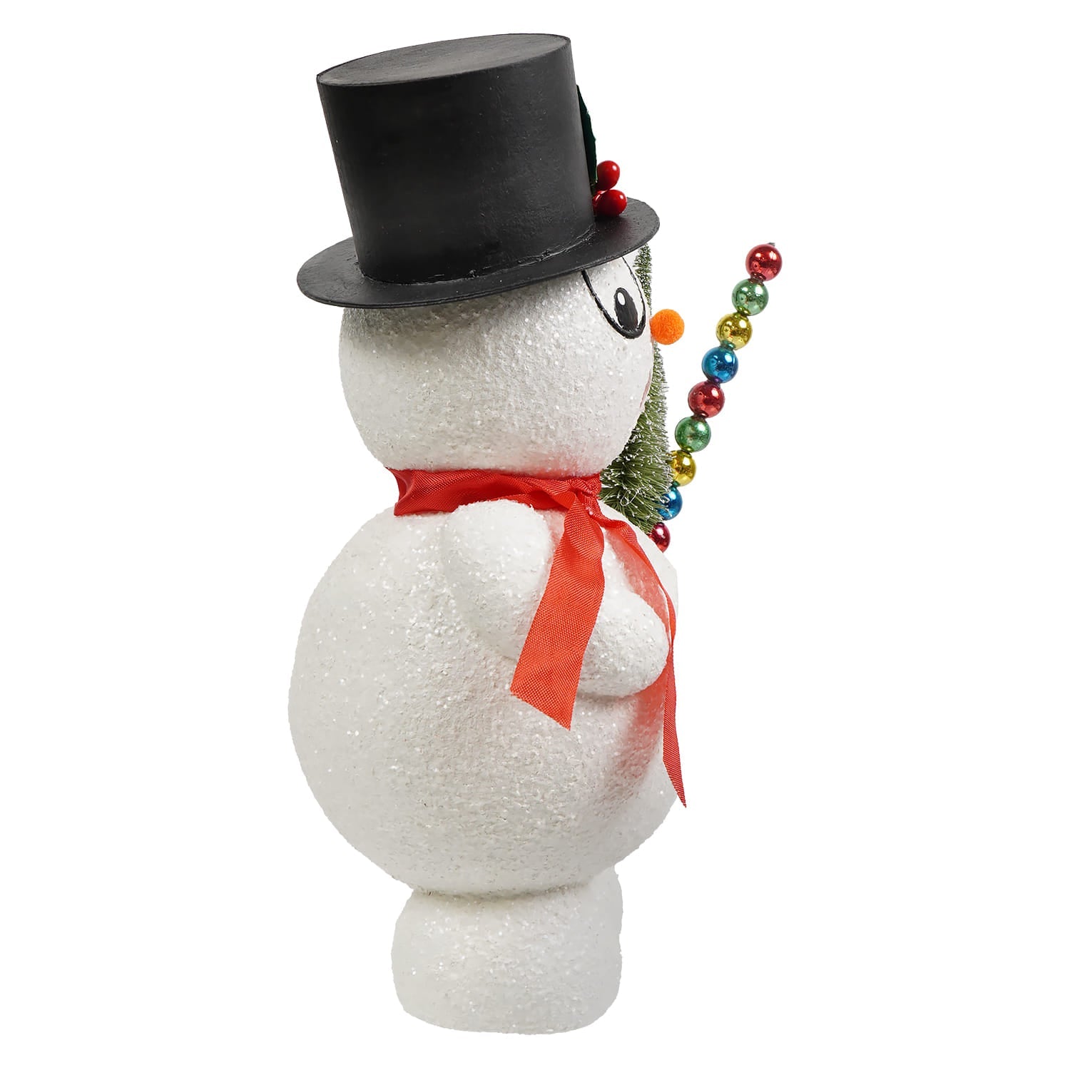 Retro silly surprise snowman figurine by bethany lowe designs with white glitter and colorful beaded garland