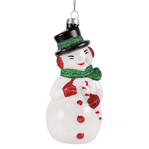 A cheerful white glass snowman ornament with black top hat green glitter scarf and red mittens cody foster ornament