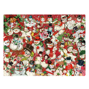A vibrant red retro snowmen puzzle featuring charming vintage-style snowmen in various outfits and accessories