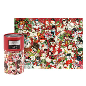 Red cylindrical box with a retro snowmen puzzle featuring festive holiday imagery perfect for winter fun