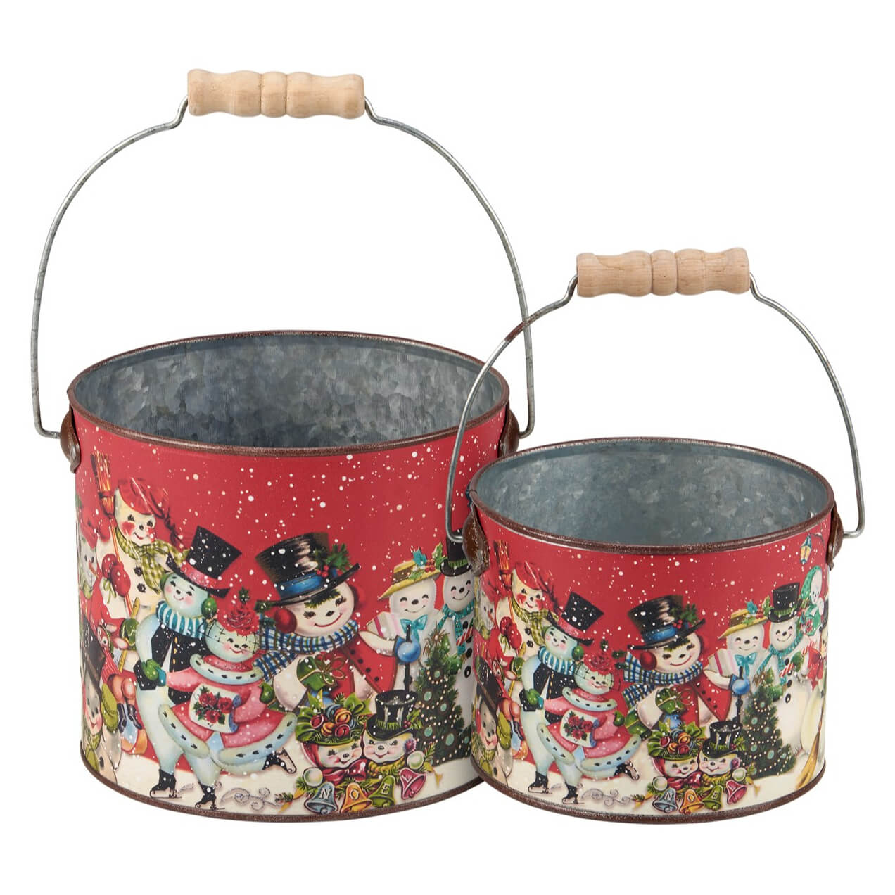 Two decorative Christmas-themed metal buckets with handles and snowman designs.