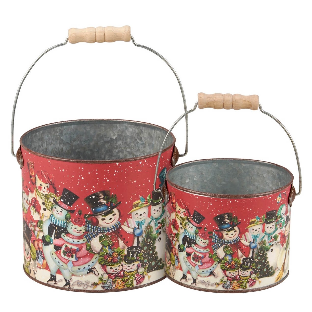 Two decorative Christmas-themed metal buckets with wooden handles and colorful snowman designs.