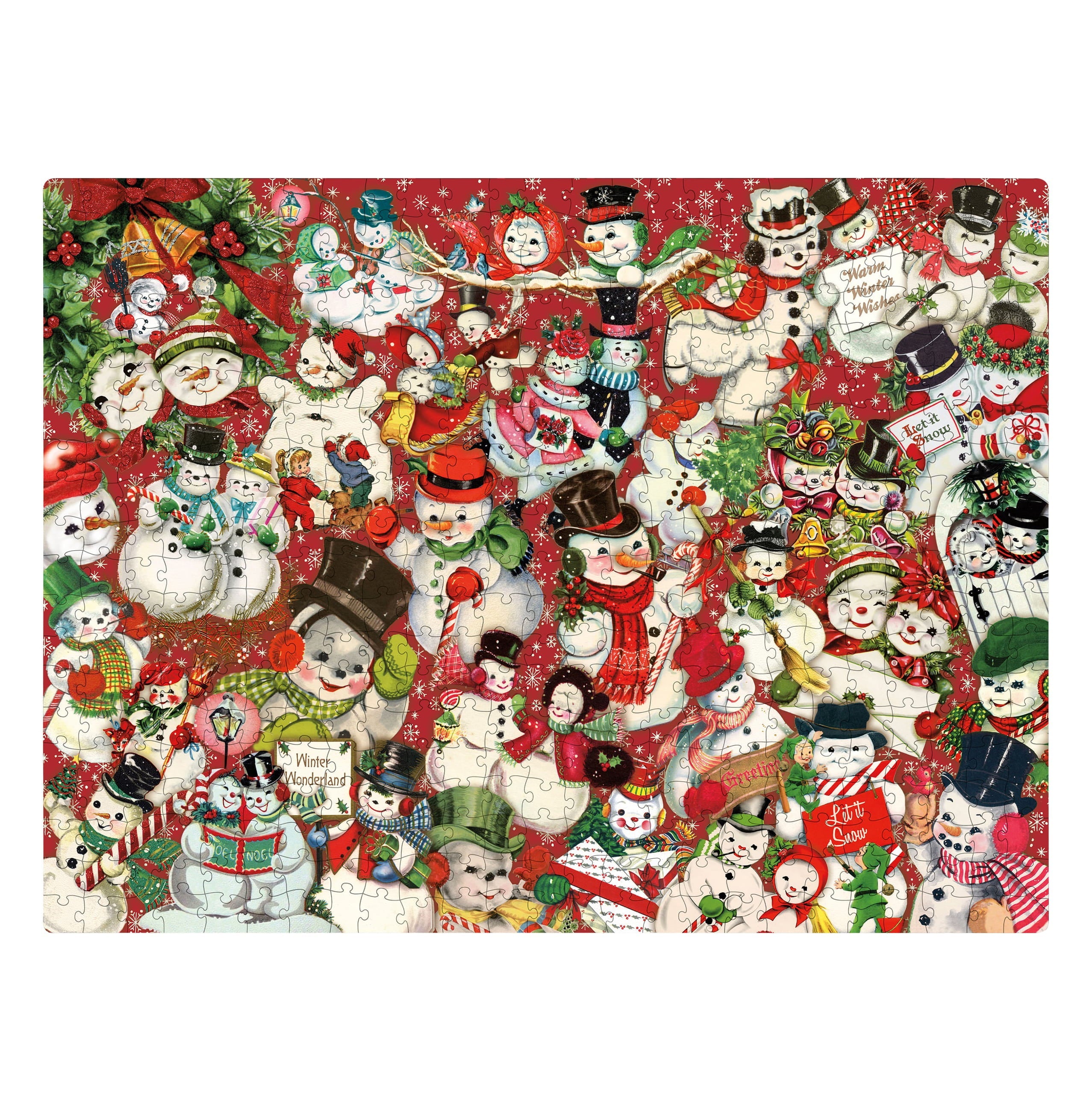 A vibrant red retro snowmen puzzle featuring charming vintage-style snowmen in various outfits and accessories