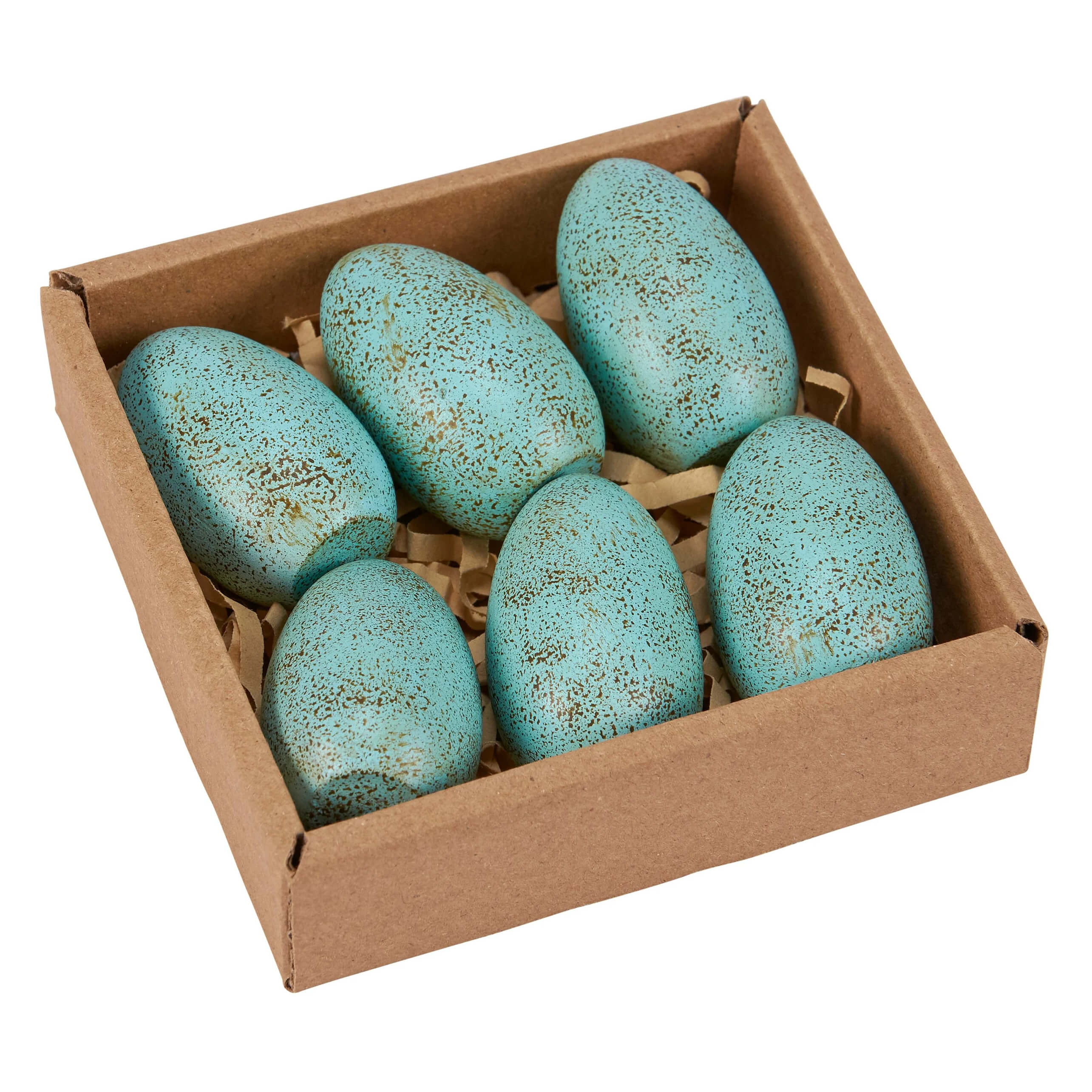 Six turquoise speckled robin eggs wooden decorative eggs in a brown box perfect for easter bunny tabletop decor