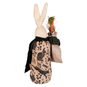 Beige fabric wine bottle cover with black rabbits print plush white bunny head and burlap sack robin rabbit design