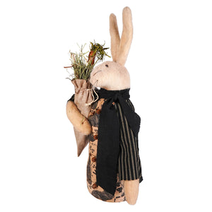 Robin rabbit beige felt figurine wearing patchwork apron holding burlap sack with hay and carrots for muffin junction design
