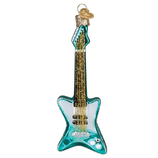 Teal glass rockin electric guitar ornament with gold glitter strings and a small golden hat christmas glass ornament