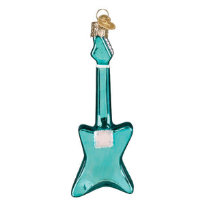 Teal glass rockin electric guitar ornament with gold hat and silver glitter accents for musical artists & instrument ornaments