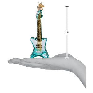Rockin electric guitar christmas glass ornament in translucent teal with gold glitter and a small golden cap, 5 inches tall