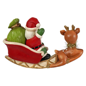 Rocking santa in sleigh features a red and white bethany lowe designs santa figure seated with a brown glittery reindeer