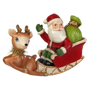 Rocking santa in sleigh features red and green bethany lowe designs santa figures with gold-trimmed antlers and glittery garland reindeer