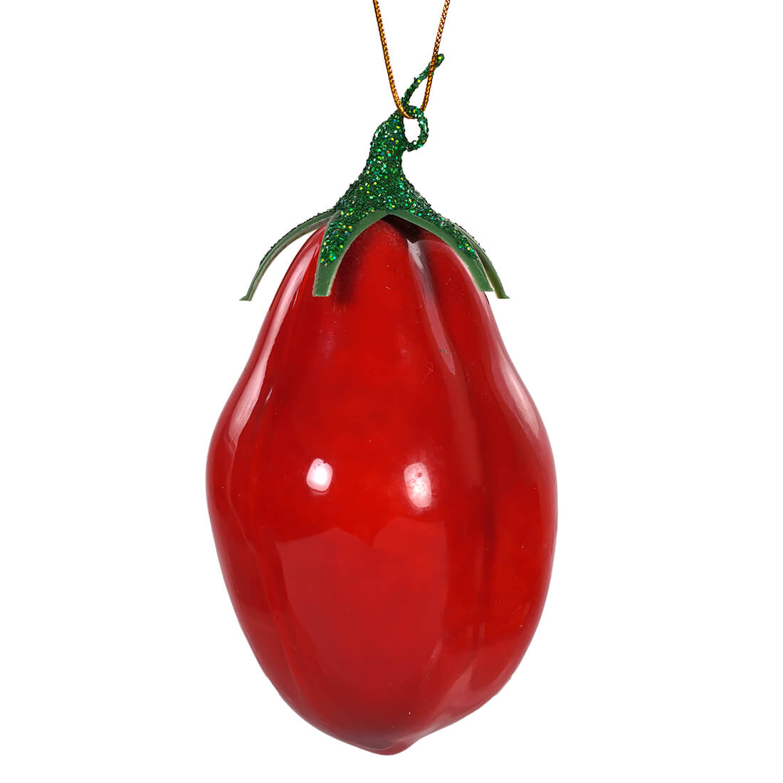 Shiny red glass roma tomato ornament by cody foster with glittery green stem and leaf perfect for christmas decor