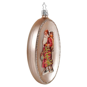 Romantic gift giving red coat santa ornament rose gold glass santa ornament with vintage red suit and glittery silver frame