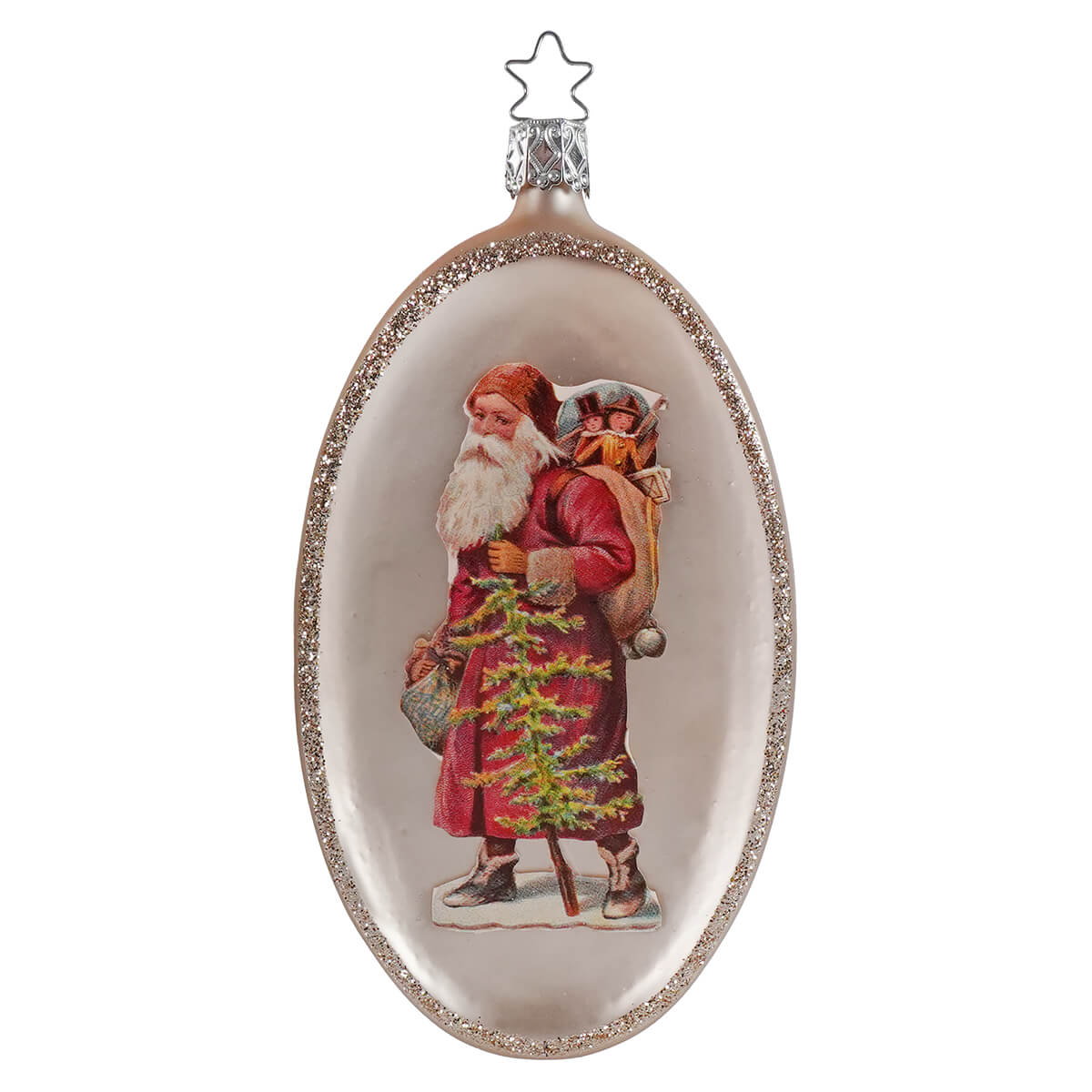 Oval red coat santa ornament featuring santa claus perfect for christmas decorations and santa ornaments