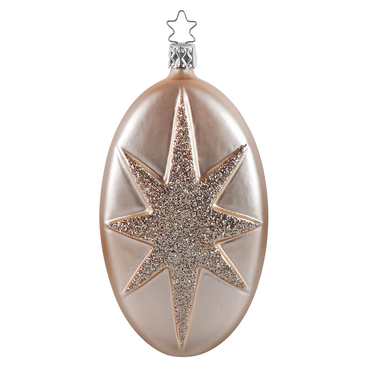 A rose gold glitter star ornament with metallic finish and oval shape perfect for christmas decorations and santa ornaments