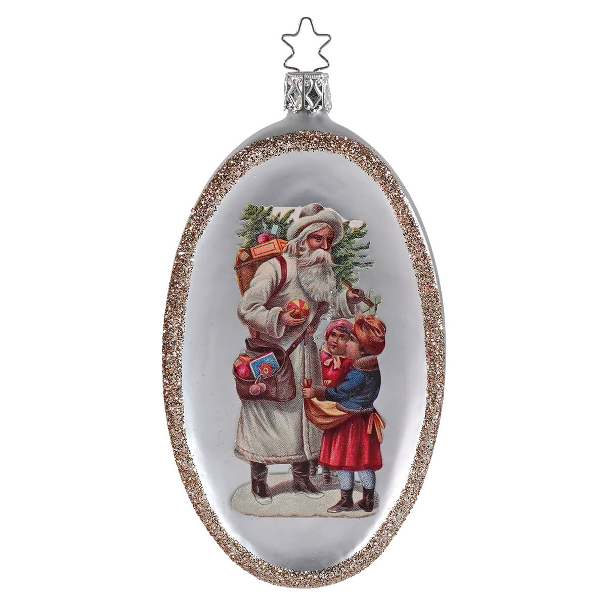 Oval white coat santa ornament with santa and children, perfect christmas decorations and santa ornaments gift