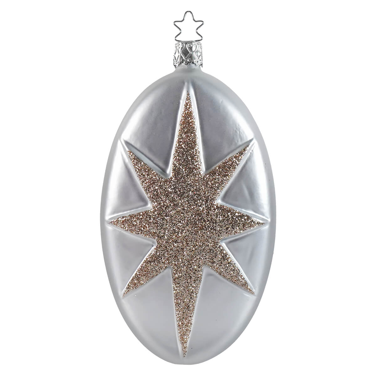 Silver oval christmas ornament with gold glitter star design perfect for santa ornaments and holiday decorations
