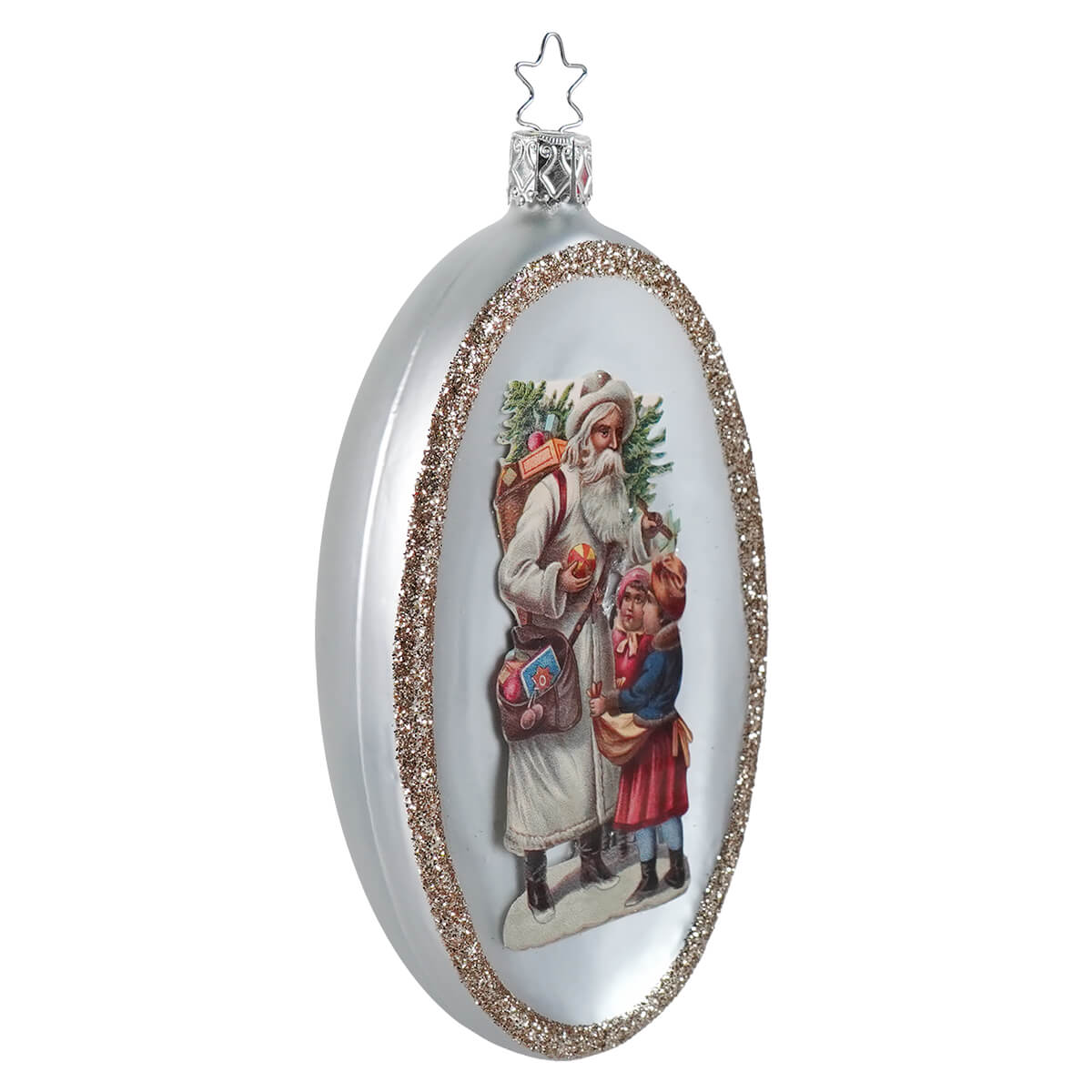 Silver oval glass santa ornament with gold glitter border featuring santa and kids for christmas decorations and ornaments