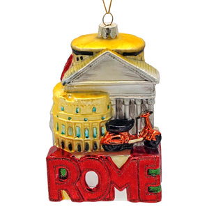 Rome italy ornament glass figural decor by kurt adler featuring colosseum and orange scooter design