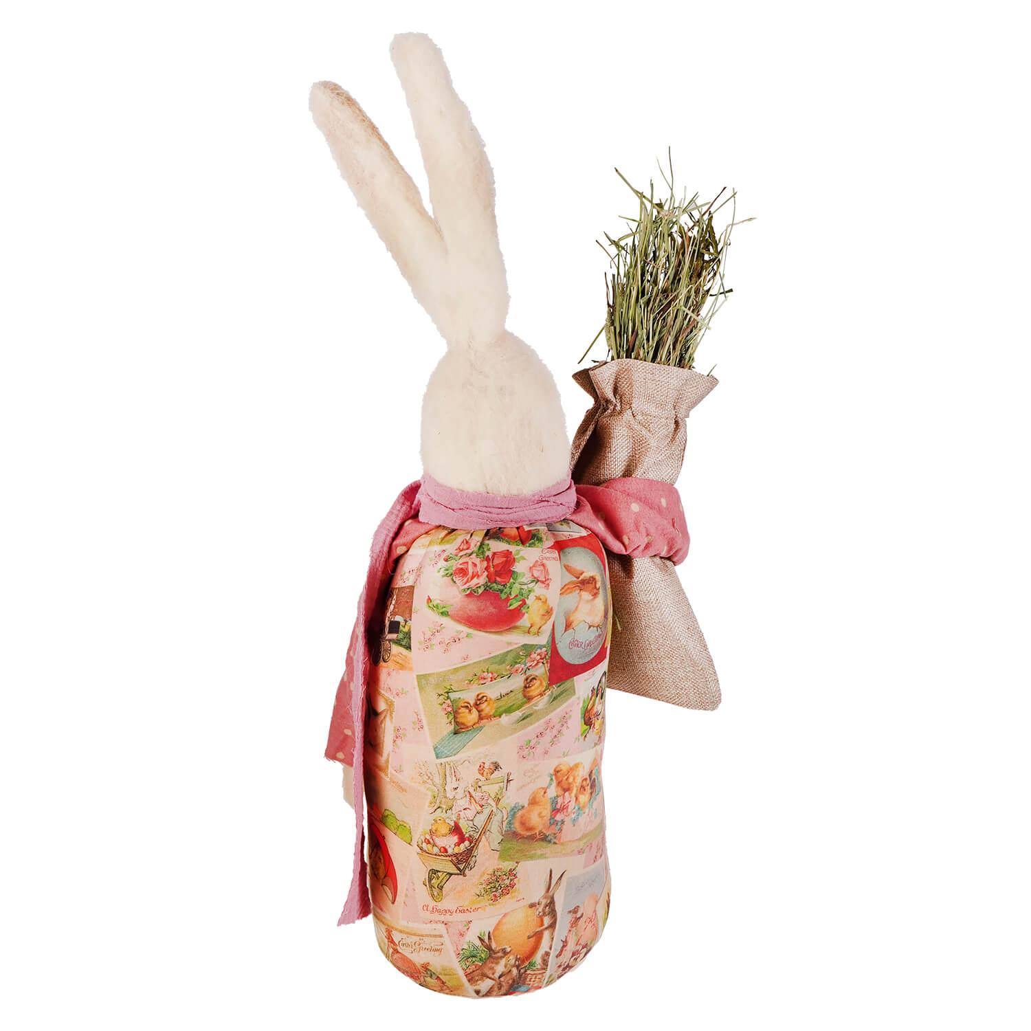 Rosamund rabbit plush white figurine with long ears and pink scarf on vintage easter jar from muffin junction design