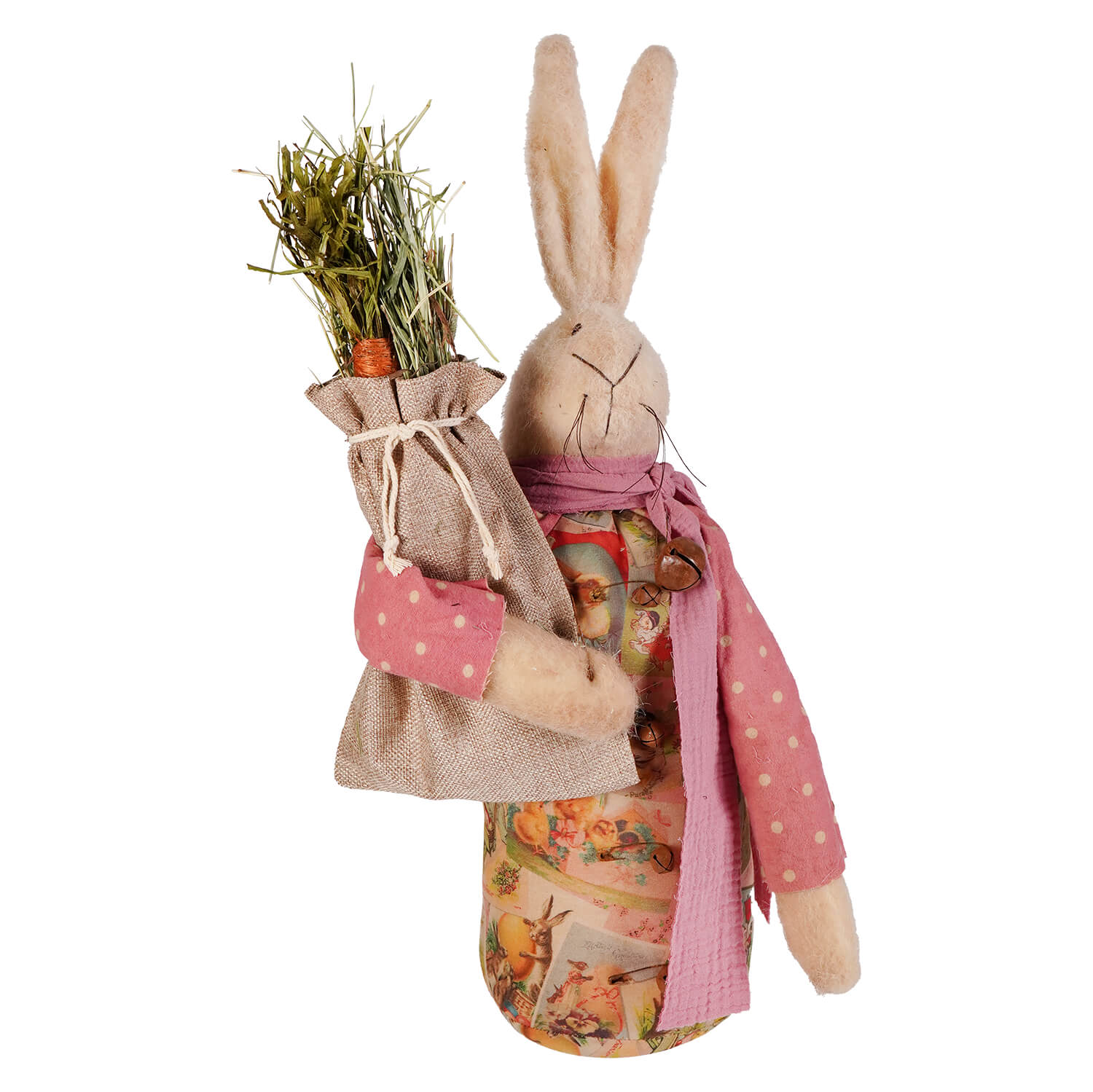Rosamund rabbit felt figurine in beige with pink polka-dot scarf holding hay sack perfect for muffin junction design