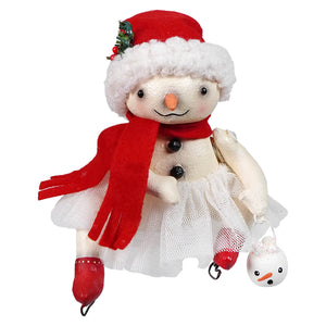 A charming white rosemary snowman figurine by bethany lowe designs wearing a red santa hat and sheer tutu skirt