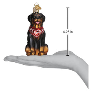 Glossy black and tan rottweiler ornament glass dog ornament wearing red bandana with white patterns and gold cap