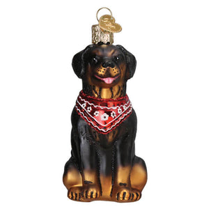 Rottweiler ornament featuring a glass dog ornament with a red bandana perfect for christmas decor