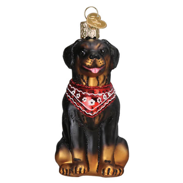 Rottweiler ornament featuring a glass dog ornament with a red bandana perfect for christmas decor