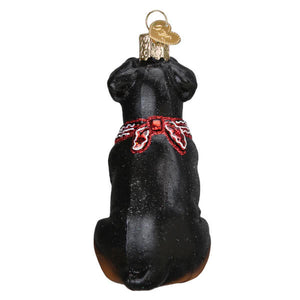 Black glass rottweiler ornament with a red and white embroidered collar perfect as a dog ornament or pet ornament
