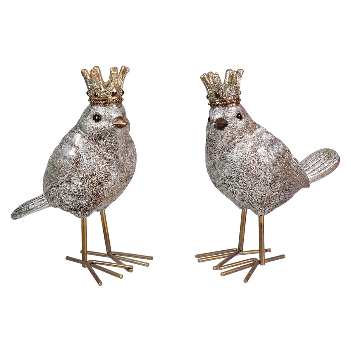 Two decorative silver birds wearing golden crowns.