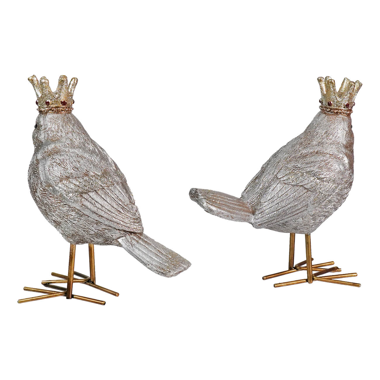 Two decorative gray bird figurines wearing golden crowns.