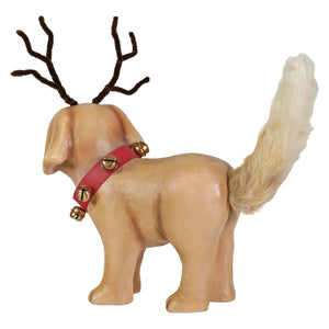 Tan resin rudolph puppy dog figurine with brown pipe cleaner antlers and red collar with gold bells by bethany lowe design
